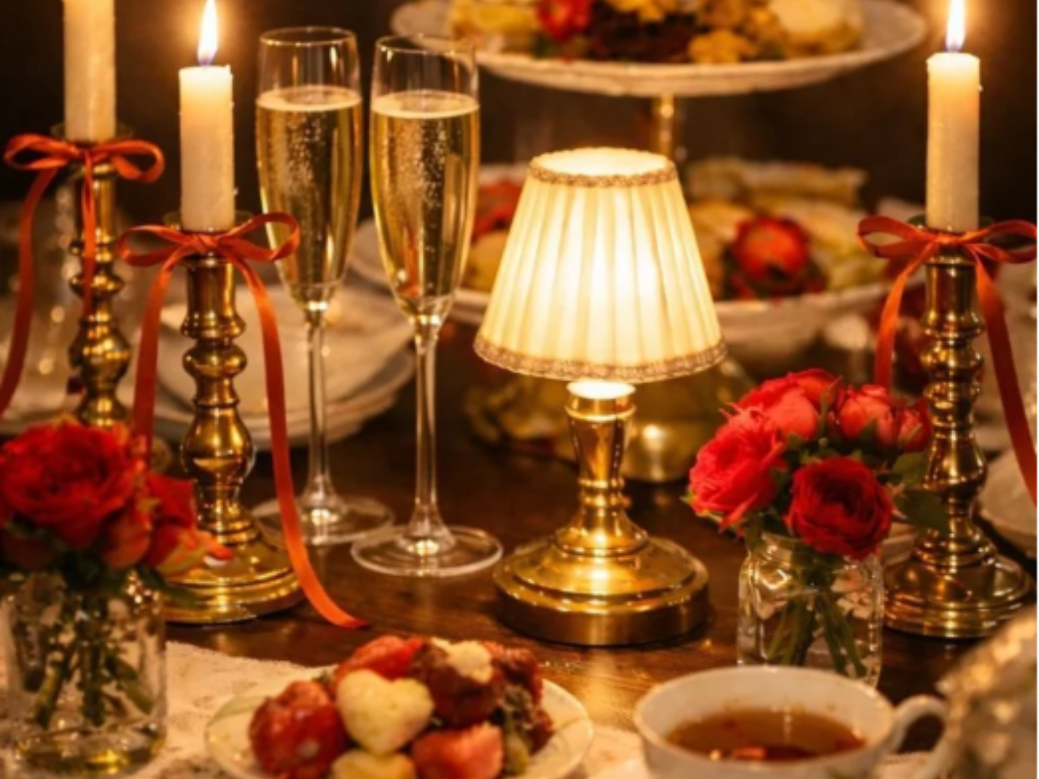 A table is set with candles, wine and tea